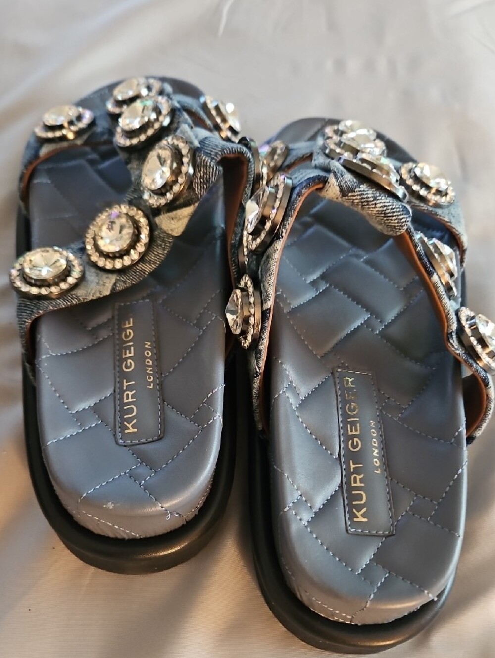 Kurt Geiger Denim Slide Sandals with Crystal Medallions - Picture 2 of 5